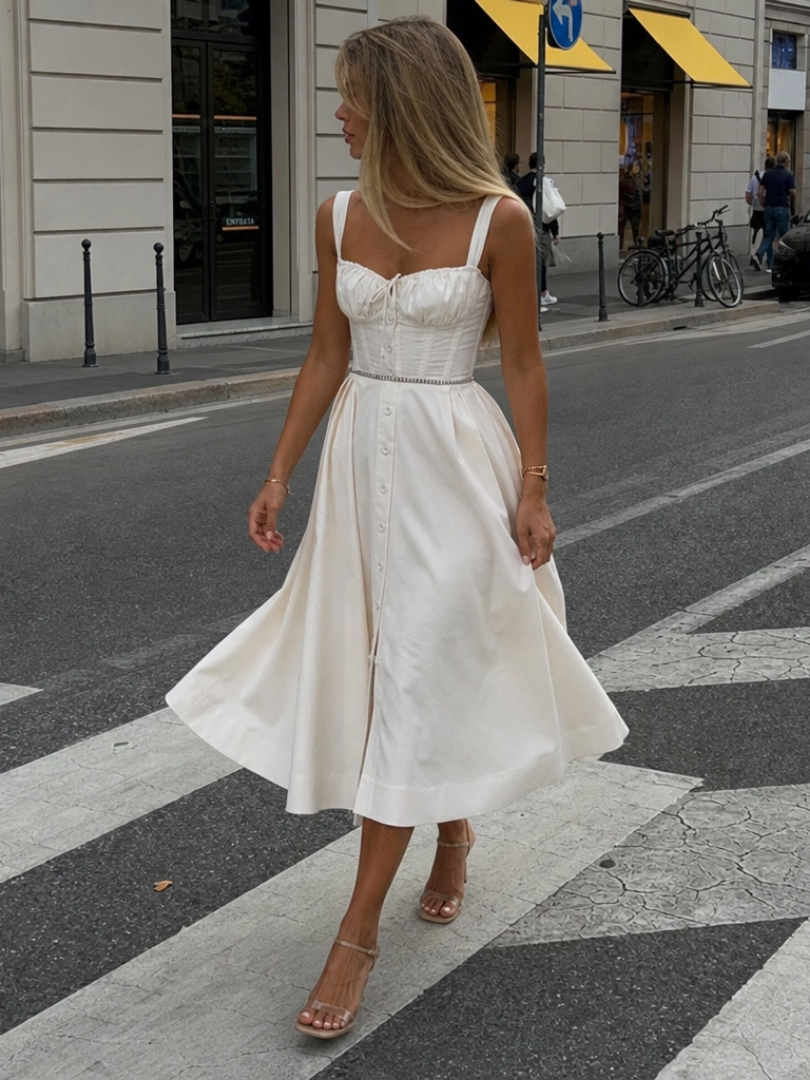 Amren | Sleeveless Structured Bodice Midi Dress 0