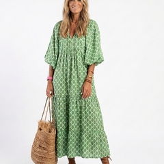 Apolline | Three Quarter Sleeve V Neck Patterned Midi Dress 0