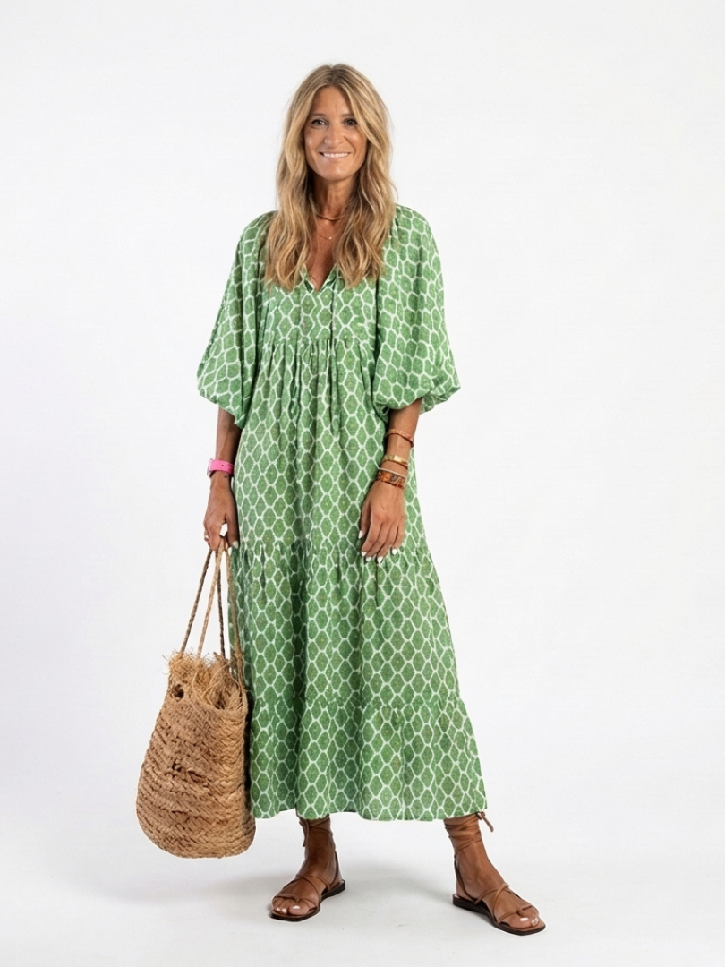Apolline | Three Quarter Sleeve V Neck Patterned Midi Dress 0