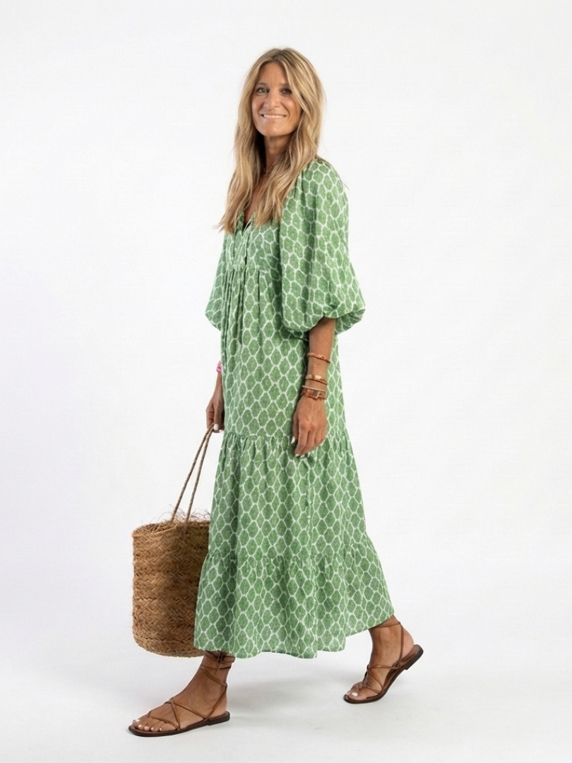 Apolline | Three Quarter Sleeve V Neck Patterned Midi Dress 1