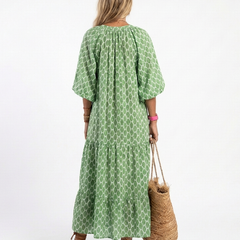 Apolline | Three Quarter Sleeve V Neck Patterned Midi Dress 2