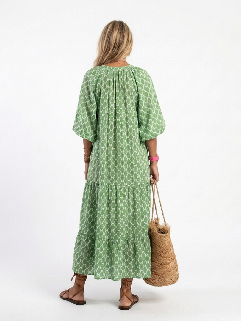 Apolline | Three Quarter Sleeve V Neck Patterned Midi Dress 2