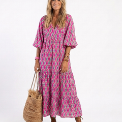 Apolline | Three Quarter Sleeve V Neck Patterned Midi Dress 3