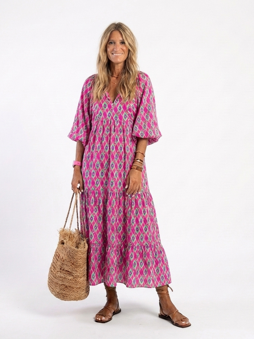 Apolline | Three Quarter Sleeve V Neck Patterned Midi Dress 3