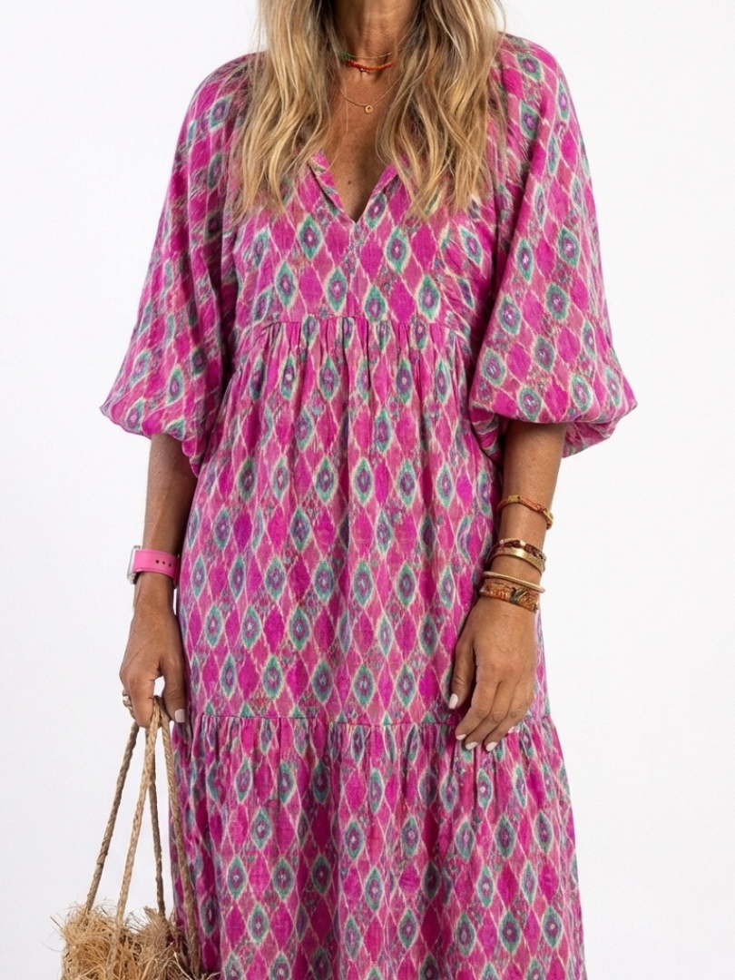 Apolline | Three Quarter Sleeve V Neck Patterned Midi Dress 4