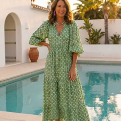 Apolline | Three Quarter Sleeve V Neck Patterned Midi Dress 5