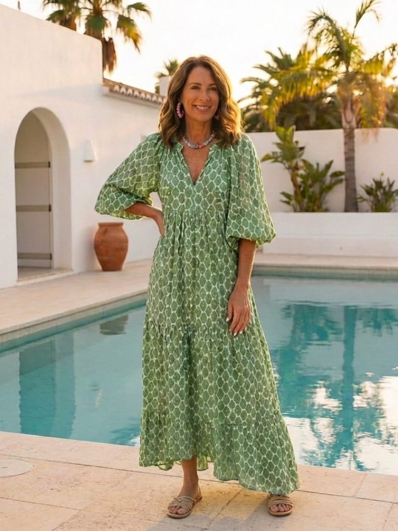 Apolline | Three Quarter Sleeve V Neck Patterned Midi Dress 5