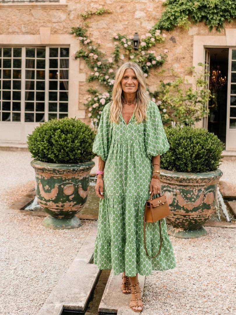 Apolline | Three Quarter Sleeve V Neck Patterned Midi Dress 6