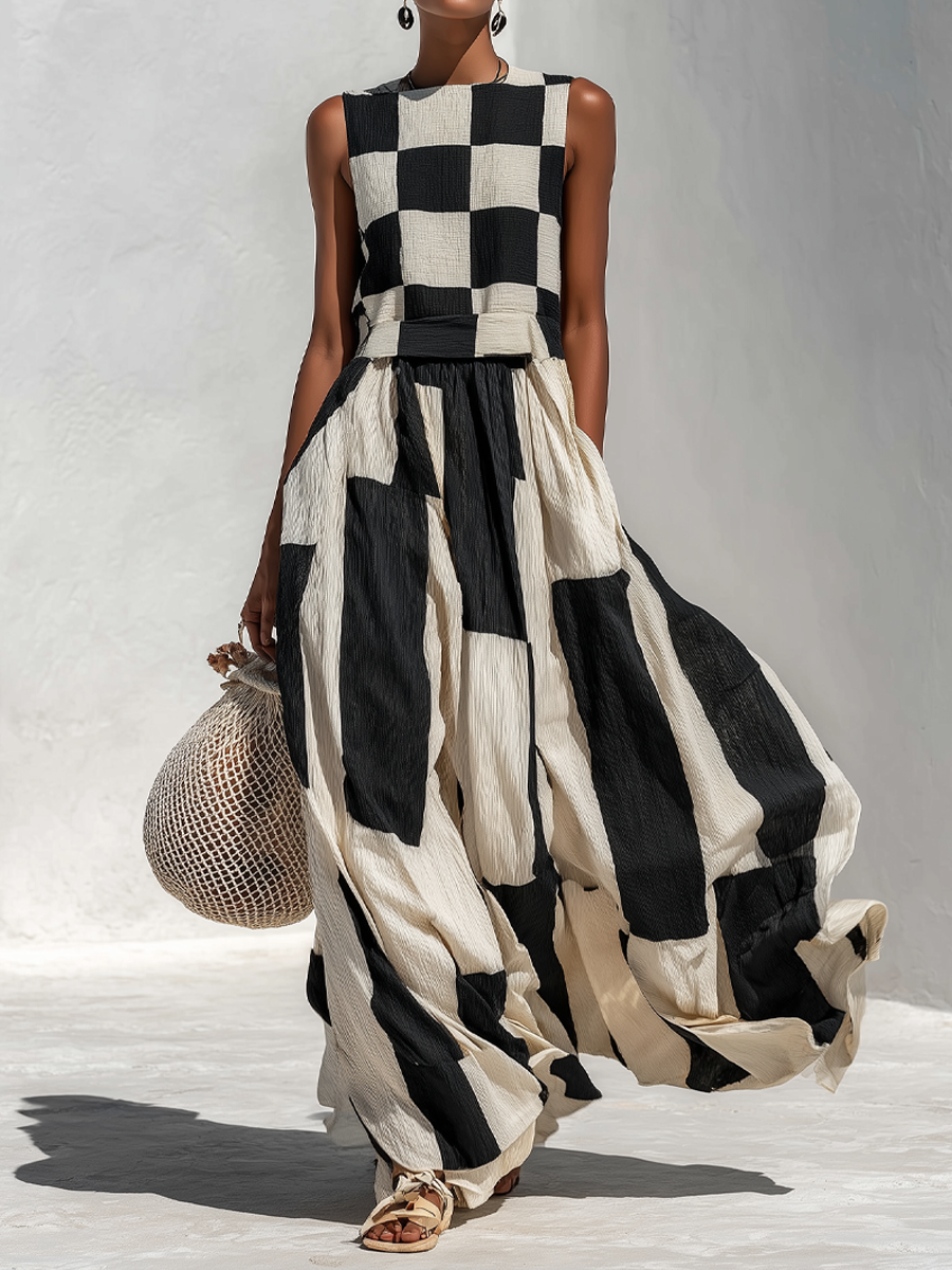 Ardenne™ | Plaid and Stripe Paneling Sleeveless Maxi Dress 0