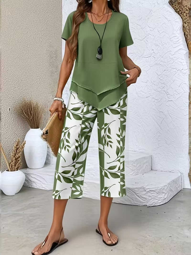 Arvessa™ | Casual Leaf Print Two-Piece Set 0