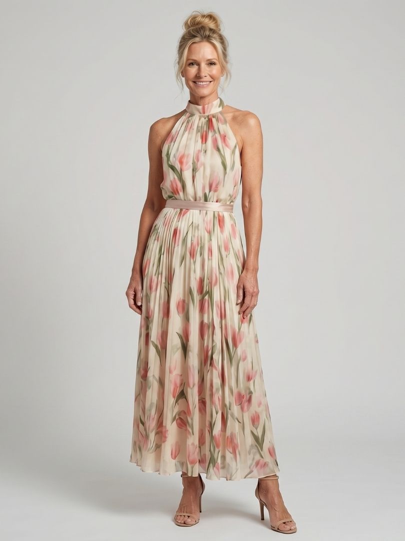 Aurelle | Halter Neck Floral Midi Dress 0