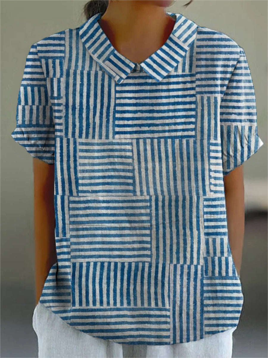 Ava Women's Shirt | Striped Patchwork Cotton Linen Blend 0