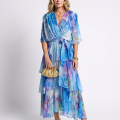 Calista | Sheer Layered V Neck Tie Waist Maxi Dress 0