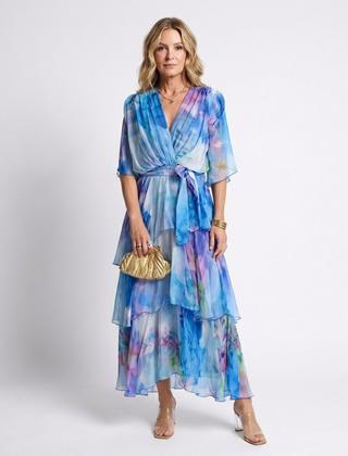 Calista | Sheer Layered V Neck Tie Waist Maxi Dress 0