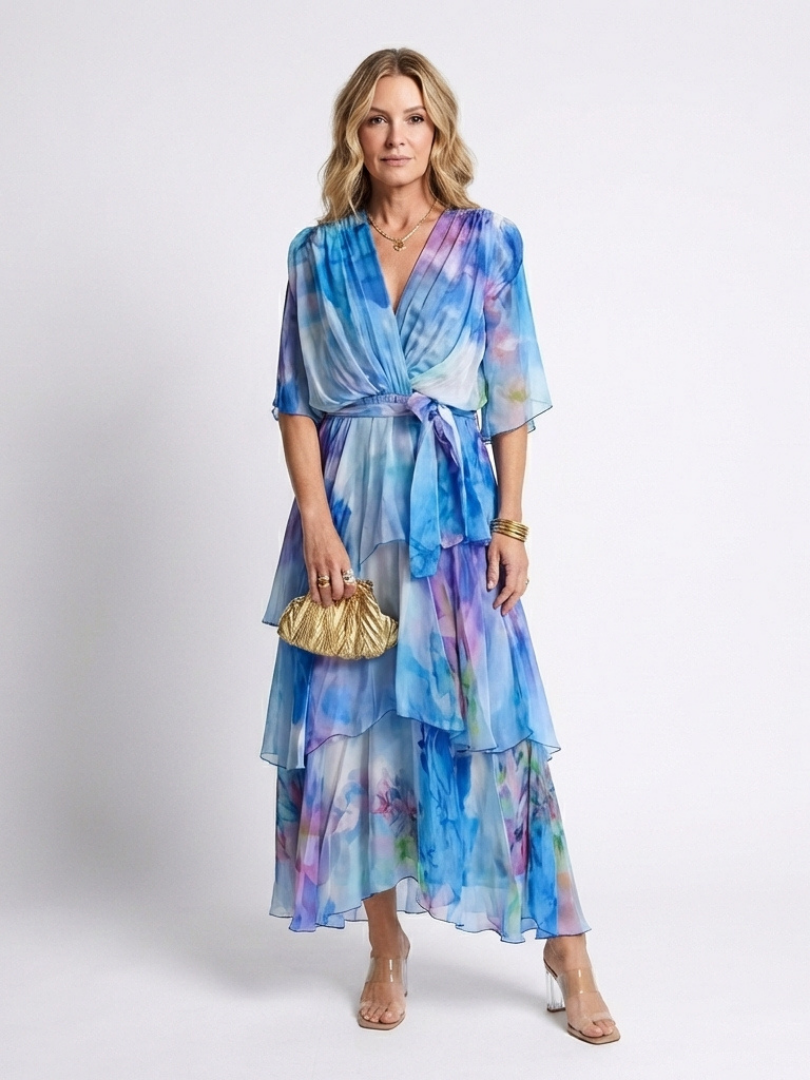 Calista | Sheer Layered V Neck Tie Waist Maxi Dress 0