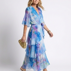 Calista | Sheer Layered V Neck Tie Waist Maxi Dress 1