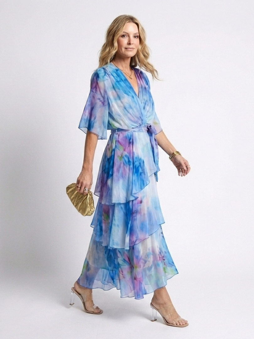 Calista | Sheer Layered V Neck Tie Waist Maxi Dress 1
