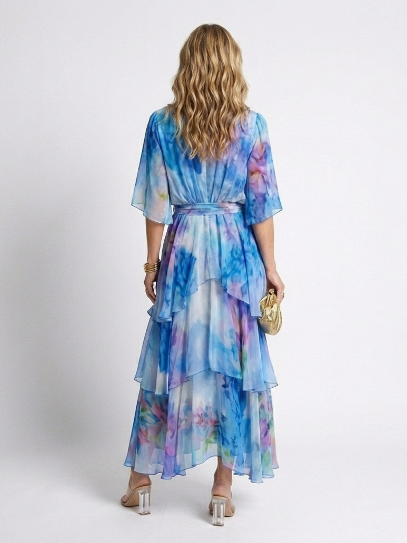 Calista | Sheer Layered V Neck Tie Waist Maxi Dress 2