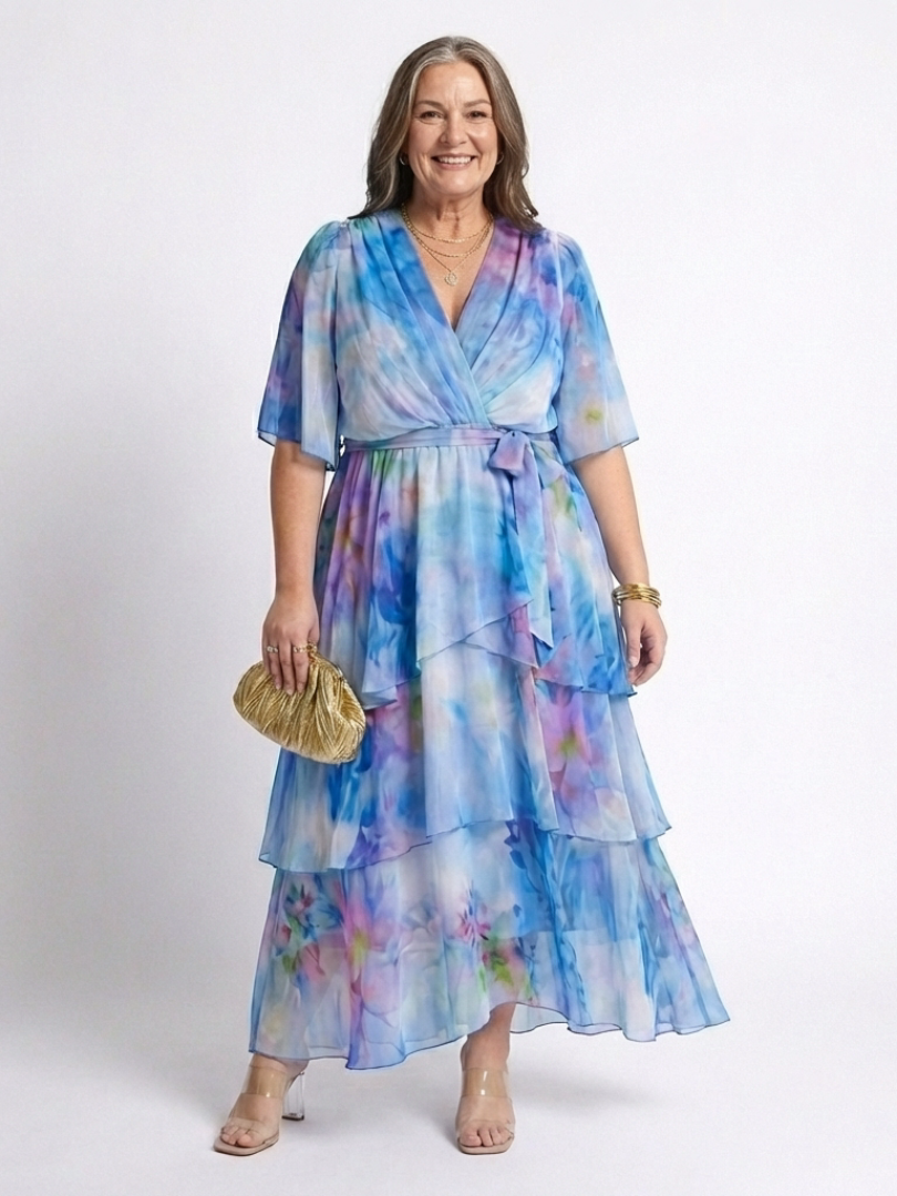 Calista | Sheer Layered V Neck Tie Waist Maxi Dress 3