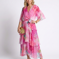 Calista | Sheer Layered V Neck Tie Waist Maxi Dress 4