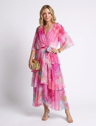 Calista | Sheer Layered V Neck Tie Waist Maxi Dress 4
