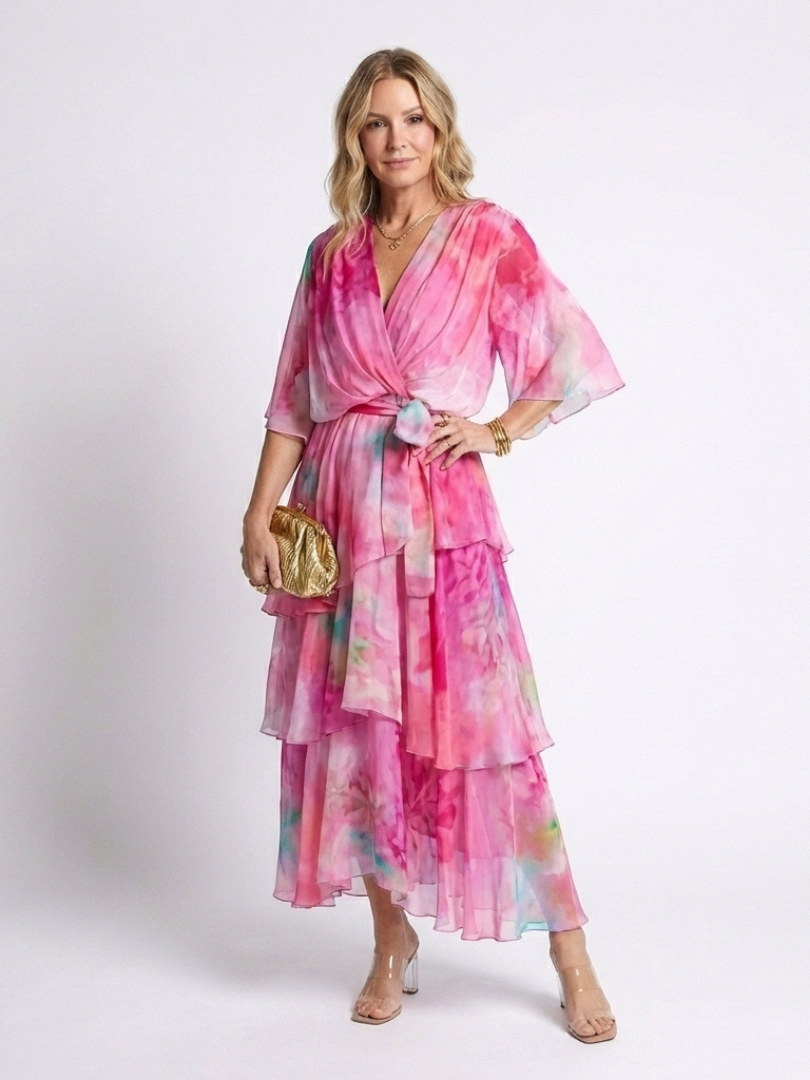 Calista | Sheer Layered V Neck Tie Waist Maxi Dress 4