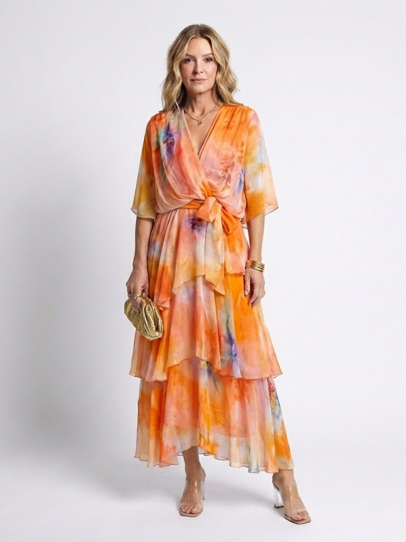 Calista | Sheer Layered V Neck Tie Waist Maxi Dress 6