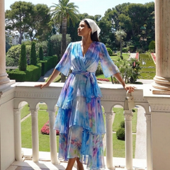 Calista | Sheer Layered V Neck Tie Waist Maxi Dress 8