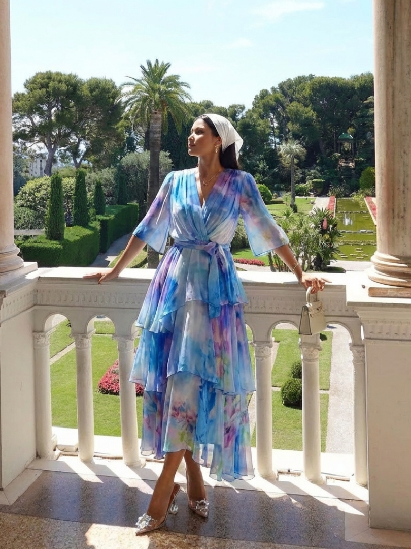 Calista | Sheer Layered V Neck Tie Waist Maxi Dress 8