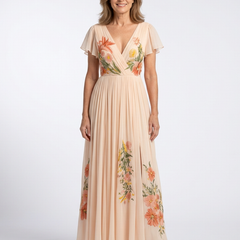 Calista | V Neck Short Sleeve Pleated Floral Maxi Dress 0