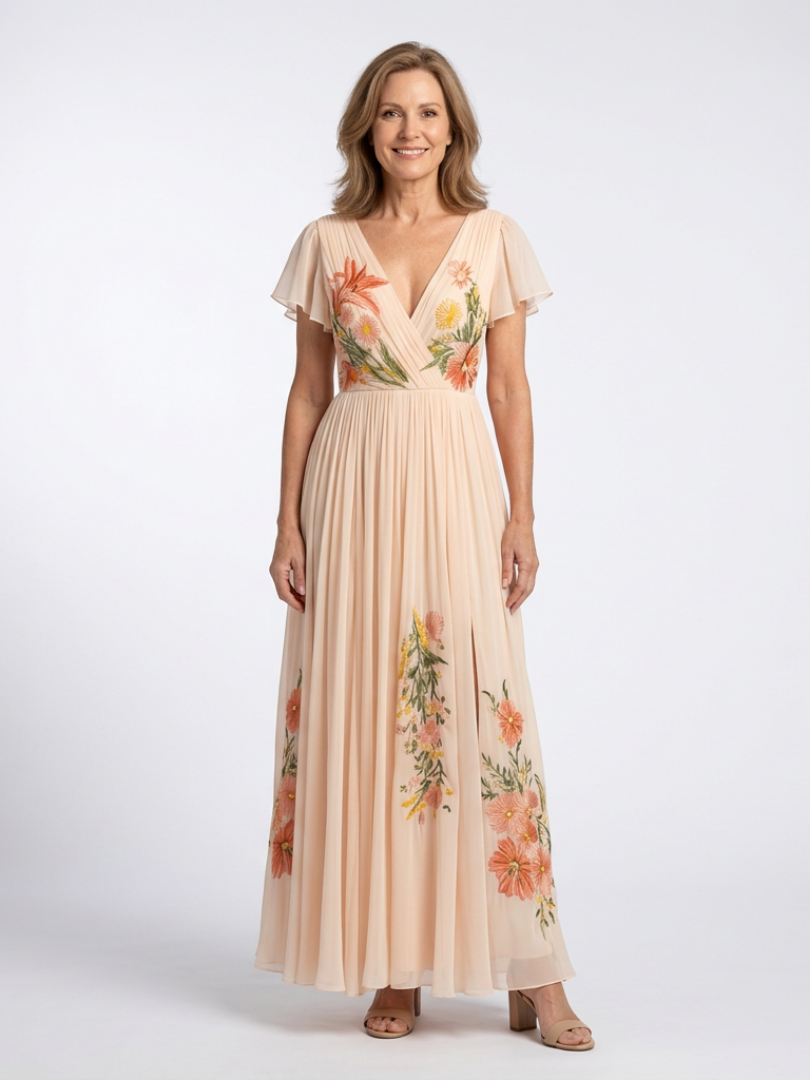 Calista | V Neck Short Sleeve Pleated Floral Maxi Dress 0