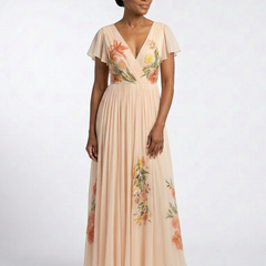 Calista | V Neck Short Sleeve Pleated Floral Maxi Dress 1
