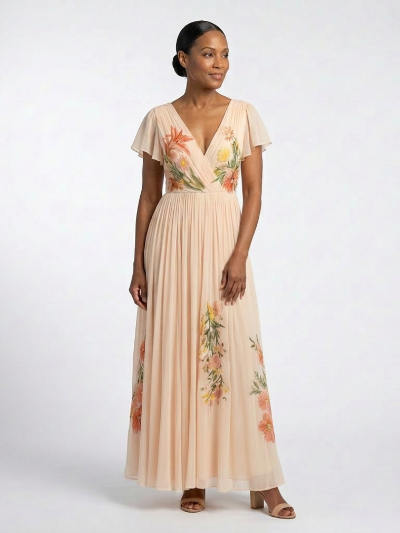 Calista | V Neck Short Sleeve Pleated Floral Maxi Dress 1