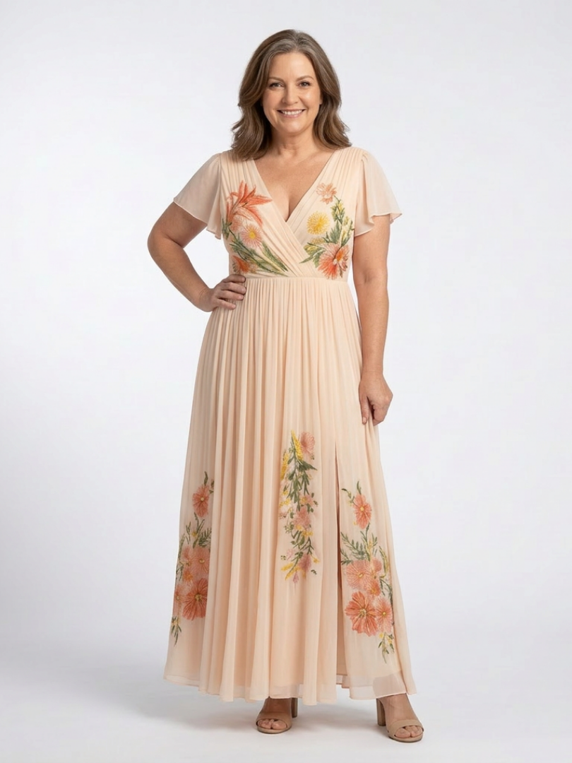 Calista | V Neck Short Sleeve Pleated Floral Maxi Dress 2