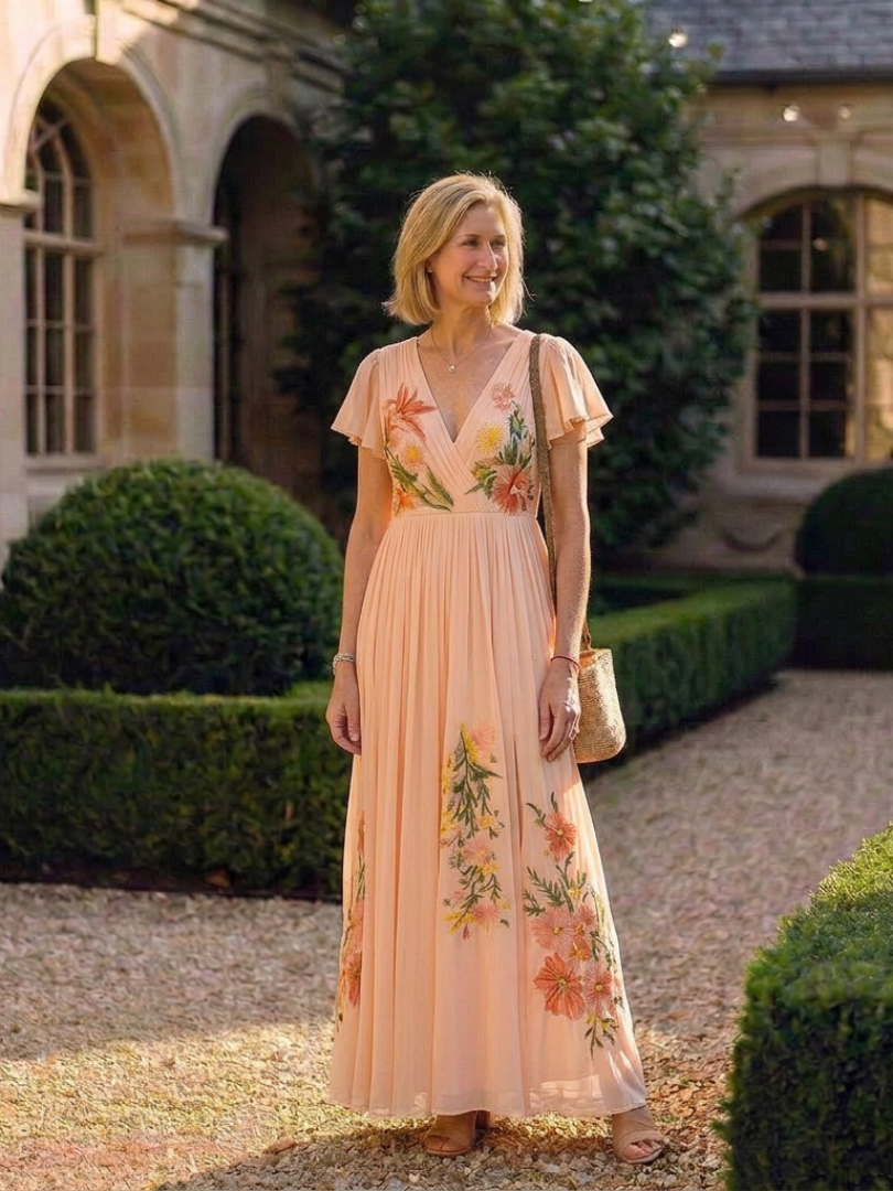 Calista | V Neck Short Sleeve Pleated Floral Maxi Dress 3