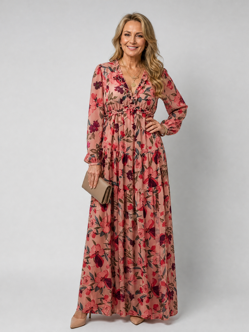 Camelo | Floral Print Long Sleeve Tiered Maxi Dress 0