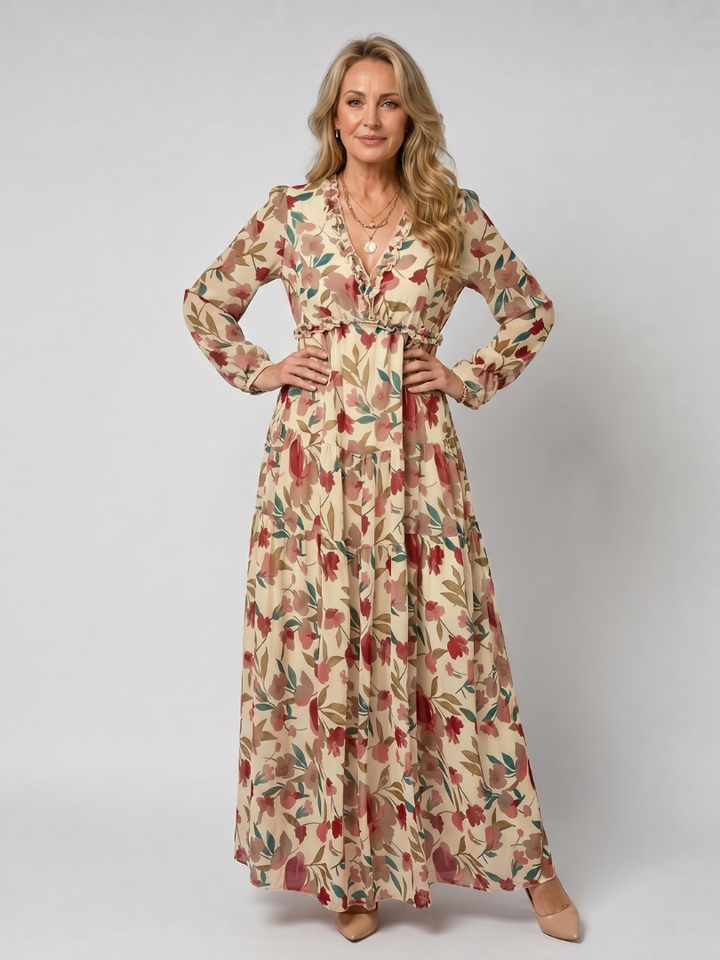 Camelo | Floral Print Long Sleeve Tiered Maxi Dress 4