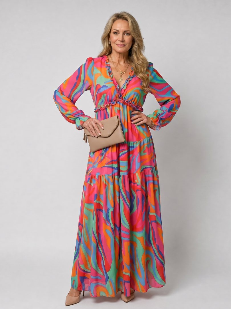 Camelo | Floral Print Long Sleeve Tiered Maxi Dress 6