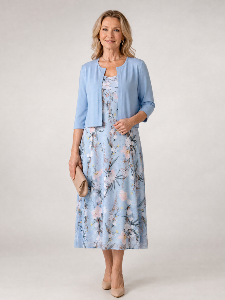 Celeste | Floral Print Sleeveless Cropped Jacket Midi Dress 0
