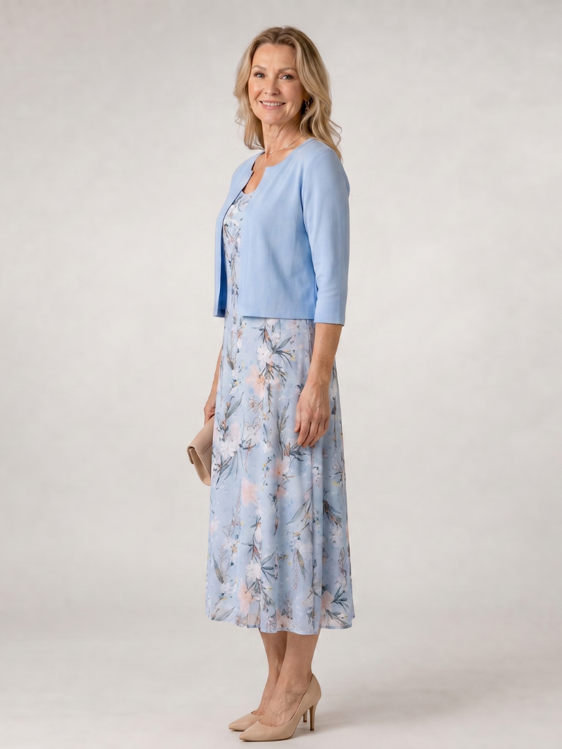 Celeste | Floral Print Sleeveless Cropped Jacket Midi Dress 1