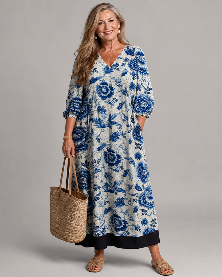 Celope | Blue Porcelain Floral Pocket Detail Midi Dress 0