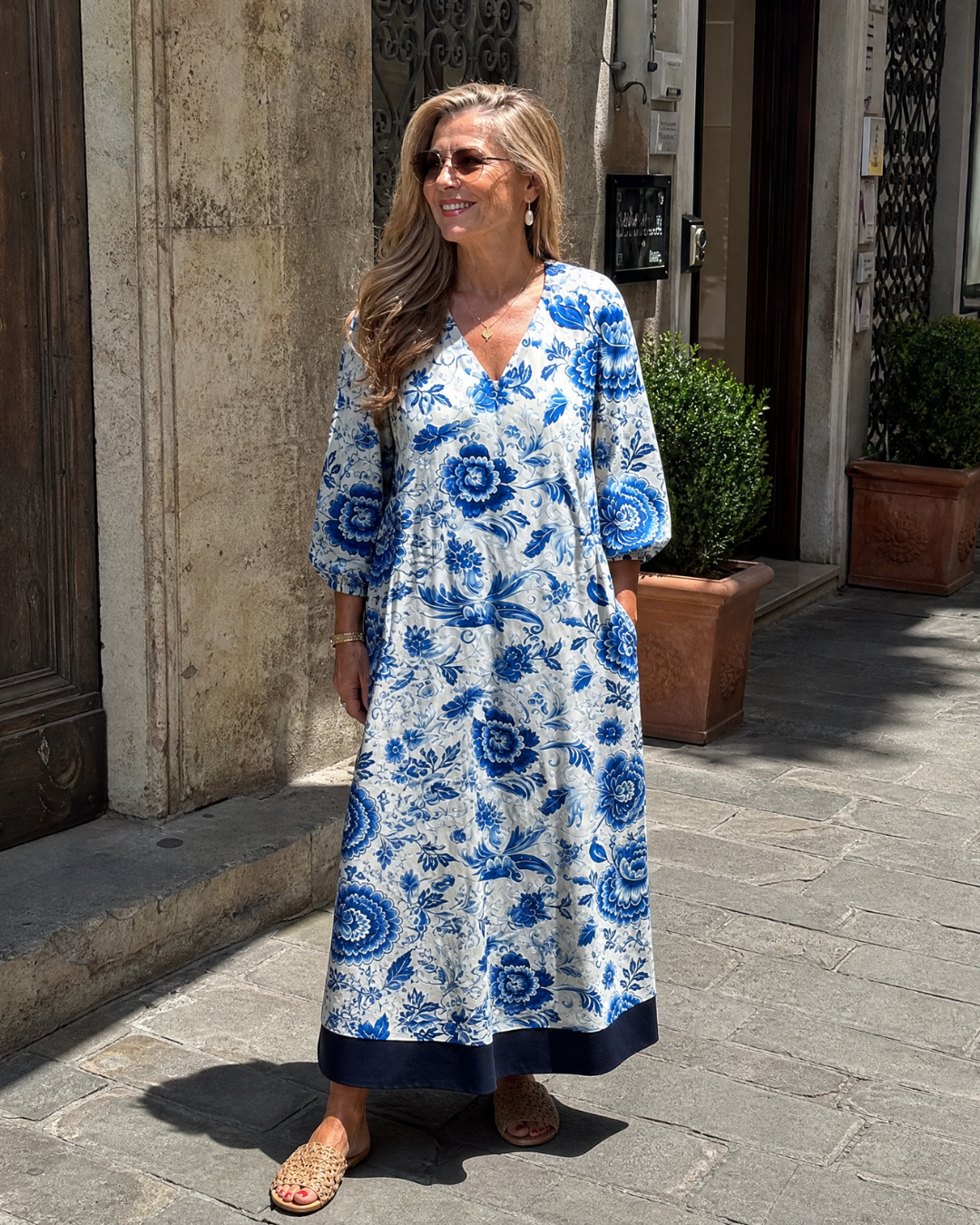 Celope | Blue Porcelain Floral Pocket Detail Midi Dress 3
