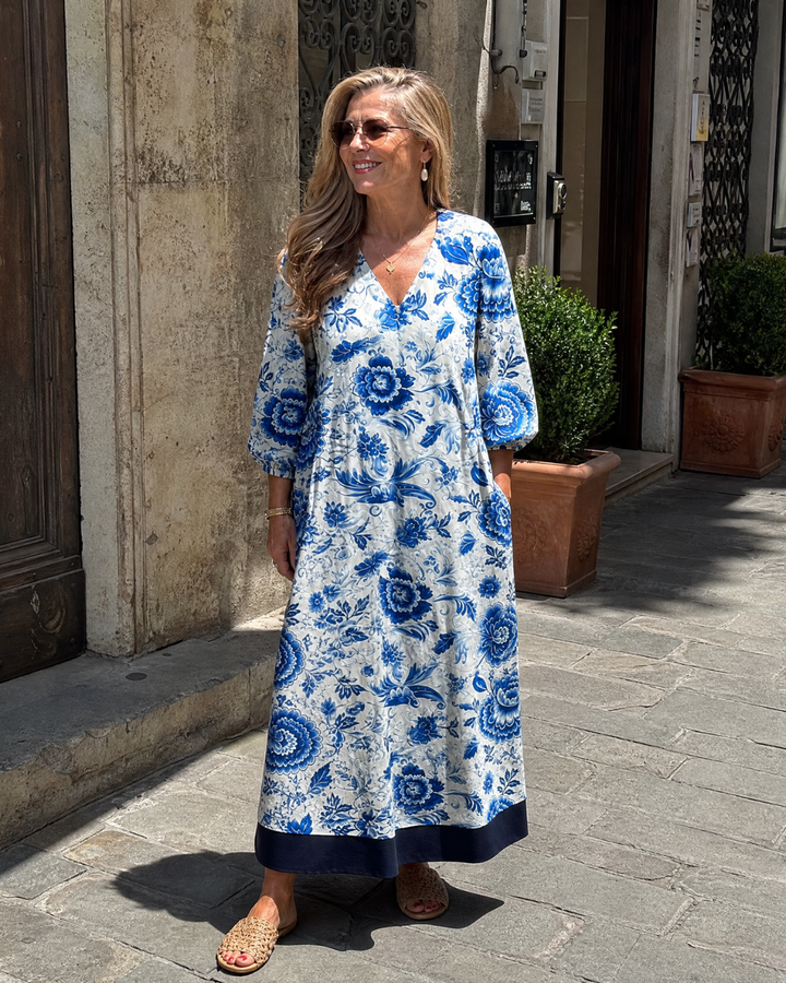 Celope | Blue Porcelain Floral Pocket Detail Midi Dress 3