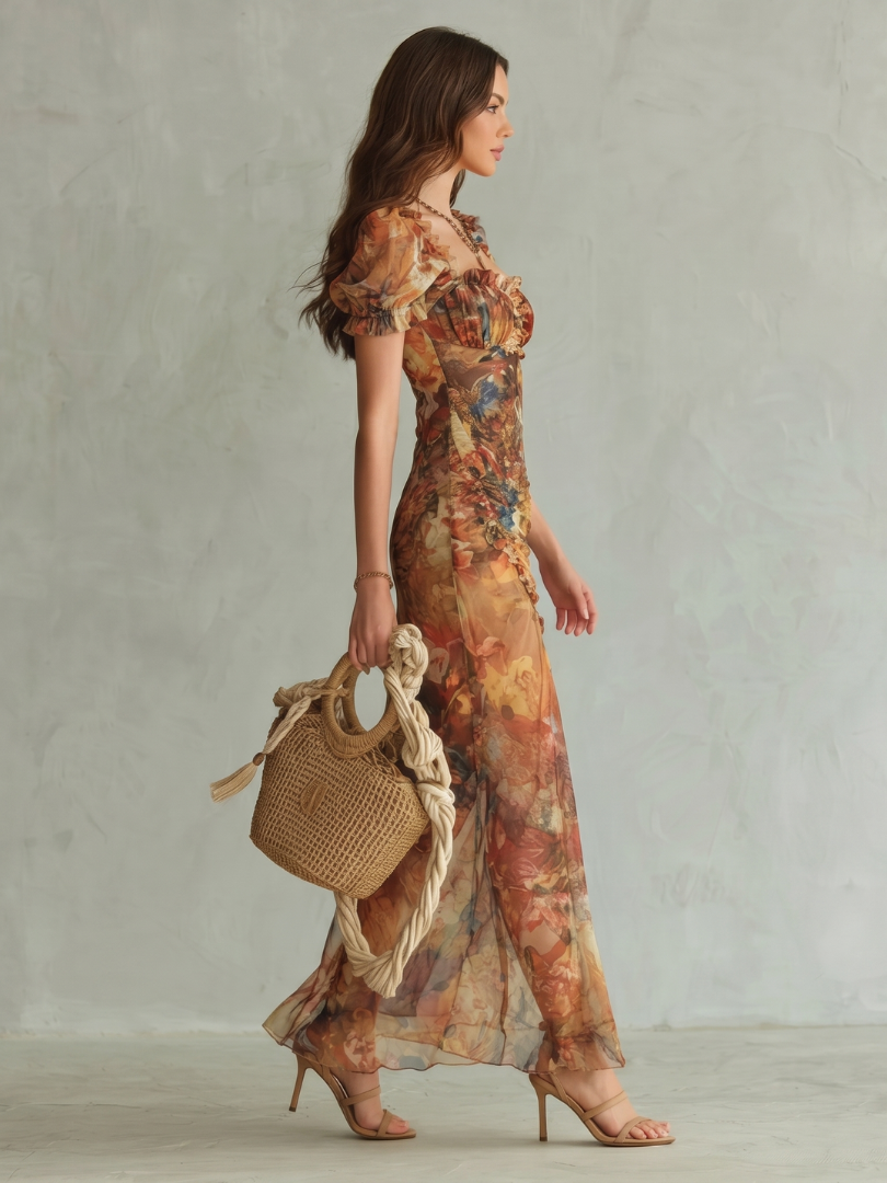 Ciel | Ruffled Sleeve Ruched Slit Midi Dress 1