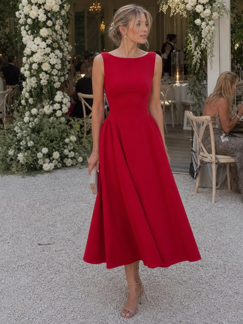 Corane | Sleeveless Crew Neck Fitted Bodice Midi Dress 0