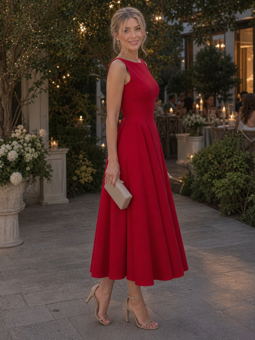 Corane | Sleeveless Crew Neck Fitted Bodice Midi Dress 1