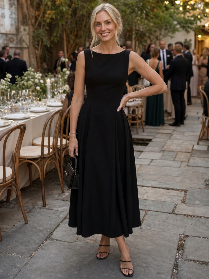 Corane | Sleeveless Crew Neck Fitted Bodice Midi Dress 4