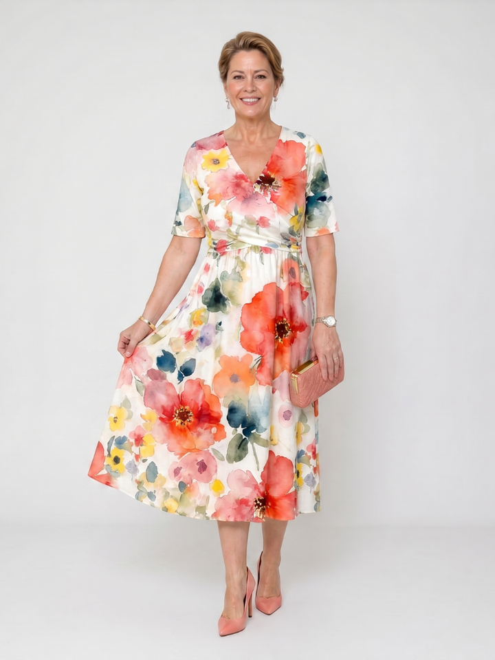 Corinne | Floral Print Short Sleeve V Neck Midi Dress 0