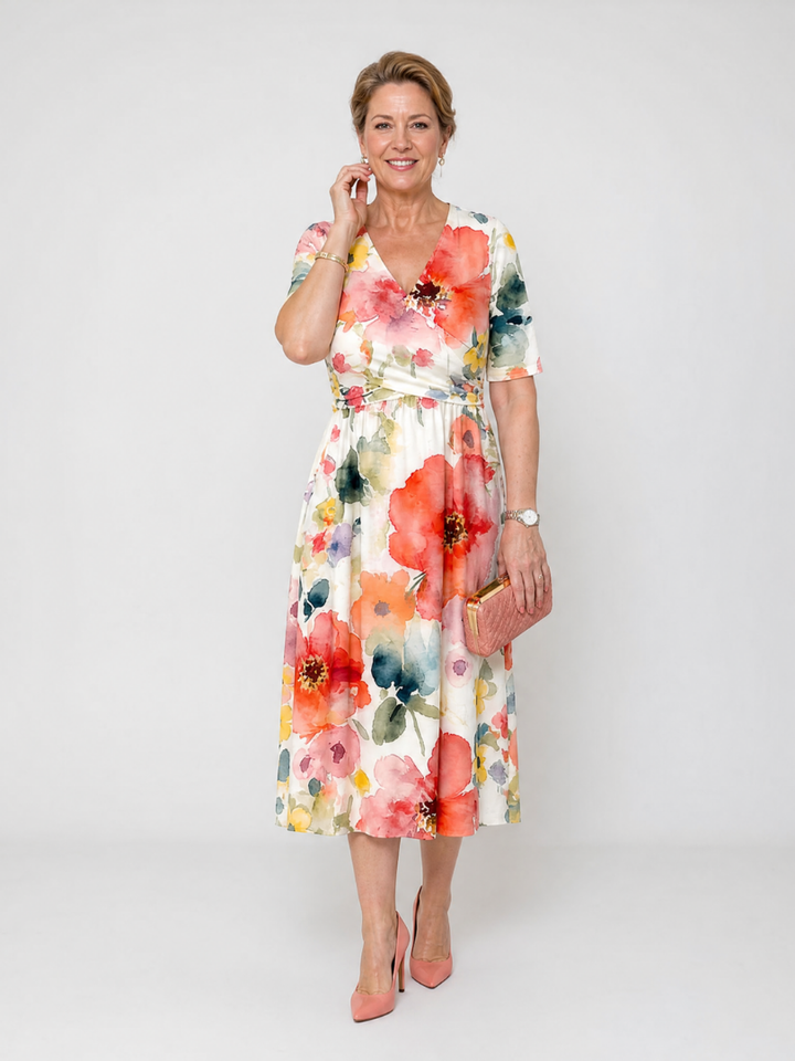 Corinne | Floral Print Short Sleeve V Neck Midi Dress 1