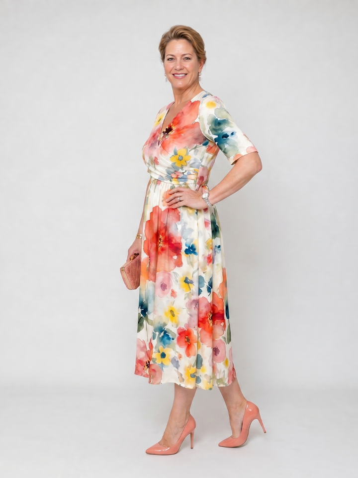 Corinne | Floral Print Short Sleeve V Neck Midi Dress 2